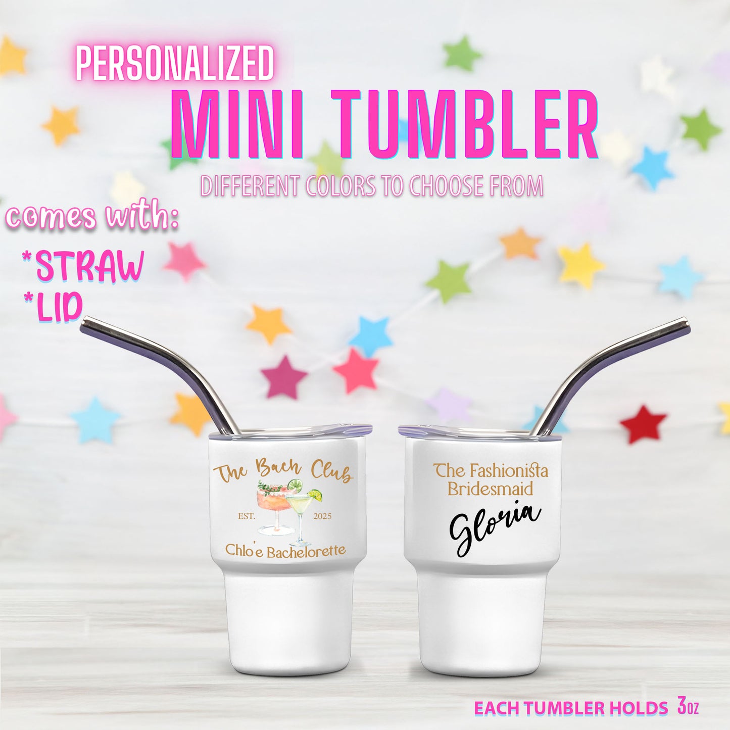 Personalized Mini Stainless Steel Tumbler Shot Glass with lid & straw. Custom, Funny, and Personalized Options. Great gift ideas for Weddings, bachelorette Parties, milestone birthdays, friend's trip, or other occasions.