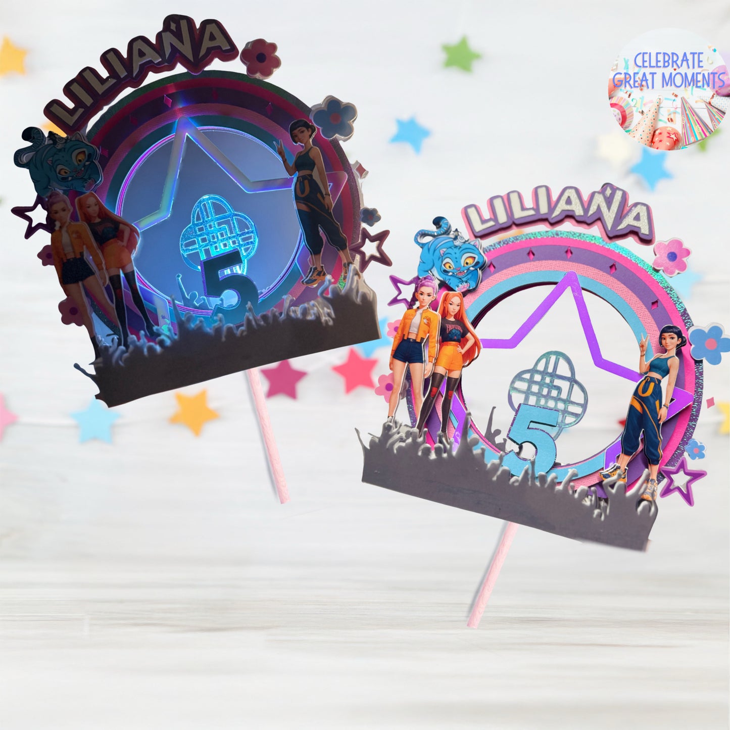 Custom K-Pop Demon Hunter Inspired Cake Topper | Birthday Decoration with Light and Movement