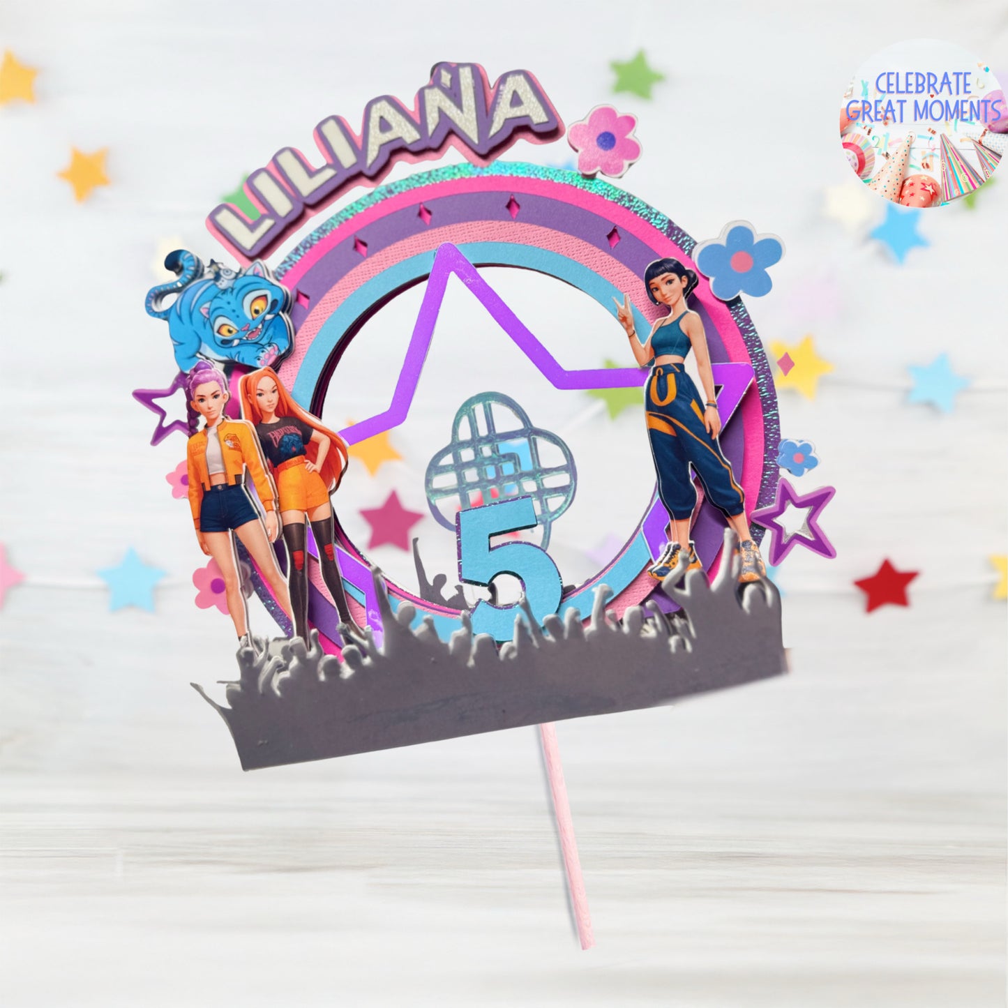 Custom K-Pop Demon Hunter Inspired Cake Topper | Birthday Decoration with Light and Movement