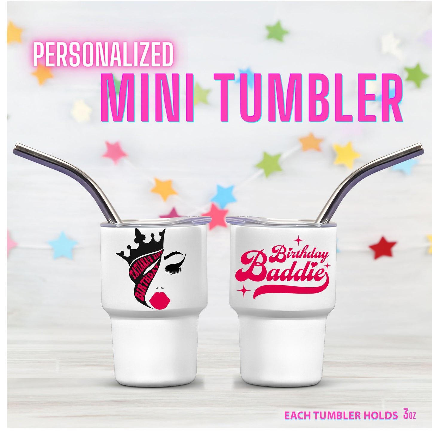 Personalized Mini Stainless Steel Tumbler Shot Glass with lid & straw. Custom, Funny, and Personalized Options. Great gift ideas for Weddings, bachelorette Parties, milestone birthdays, friend's trip, or other occasions.