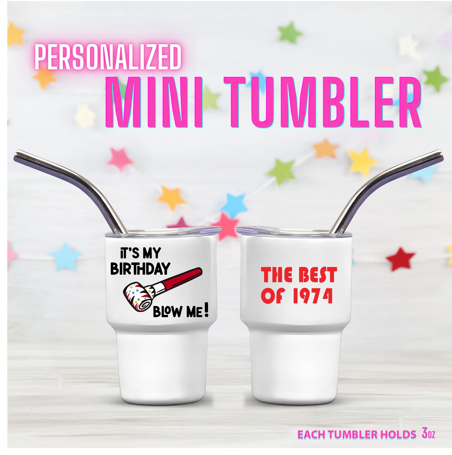 Personalized Mini Stainless Steel Tumbler Shot Glass with lid & straw. Custom, Funny, and Personalized Options. Great gift ideas for Weddings, bachelorette Parties, milestone birthdays, friend's trip, or other occasions.