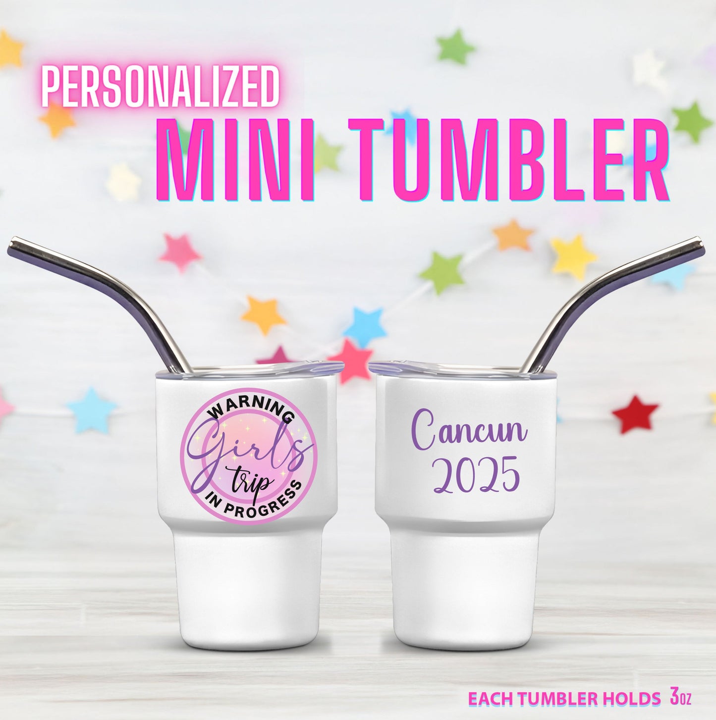 Personalized Mini Stainless Steel Tumbler Shot Glass with lid & straw. Custom, Funny, and Personalized Options. Great gift ideas for Weddings, bachelorette Parties, milestone birthdays, friend's trip, or other occasions.