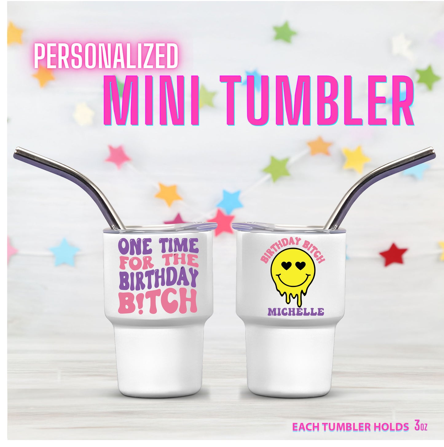 Personalized Mini Stainless Steel Tumbler Shot Glass with lid & straw. Custom, Funny, and Personalized Options. Great gift ideas for Weddings, bachelorette Parties, milestone birthdays, friend's trip, or other occasions.