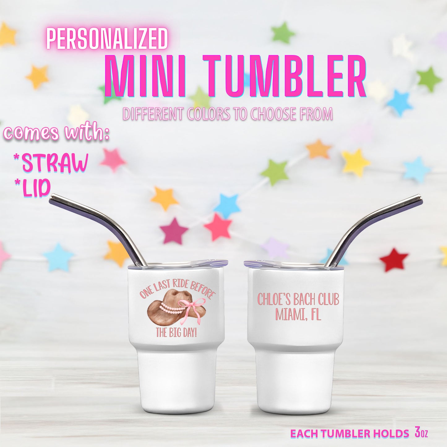 Personalized Mini Stainless Steel Tumbler Shot Glass with lid & straw. Custom, Funny, and Personalized Options. Great gift ideas for Weddings, bachelorette Parties, milestone birthdays, friend's trip, or other occasions.