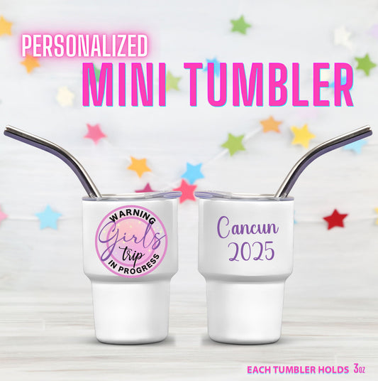 Personalized Mini Stainless Steel Tumbler Shot Glass with lid & straw. Custom, Funny, and Personalized Options. Great gift ideas for Weddings, bachelorette Parties, milestone birthdays, friend's trip, or other occasions.